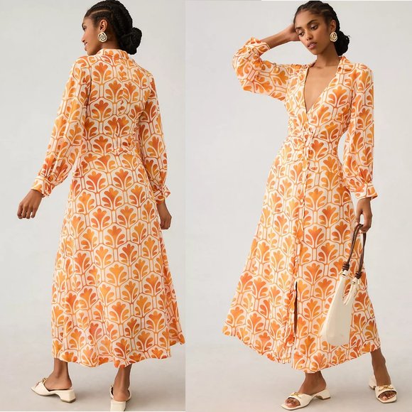 Anthropologie Dresses & Skirts - Anthropologie Maeve Printed Wrap Shirt Dress size 10 new with tag orange color